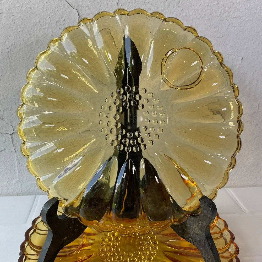 Vintage Hazel Atlas Glass AMBER Yellow Gold Sun Petal Snack Set 3 Plates 3 Cups